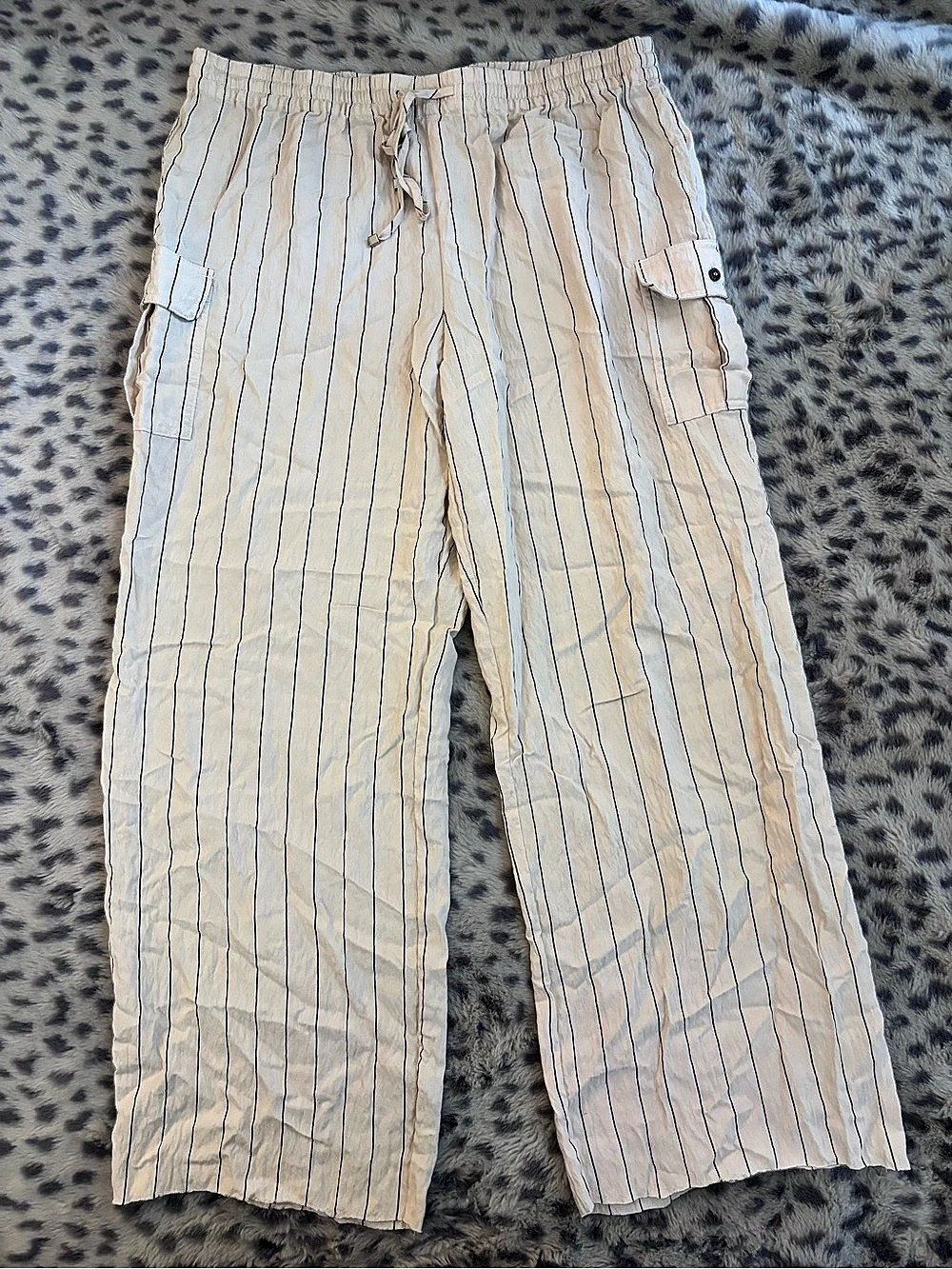 Calvin Klein Striped Cargo Pants in Cream & Blue Like New
